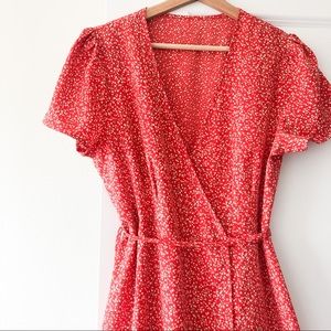 Ditsy floral red wrap midi dress